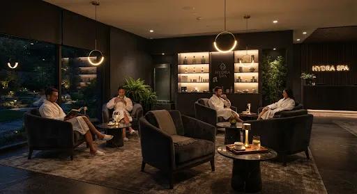 Elegant reception lounge styled in natural eucalyptus tones and warm champagne accents